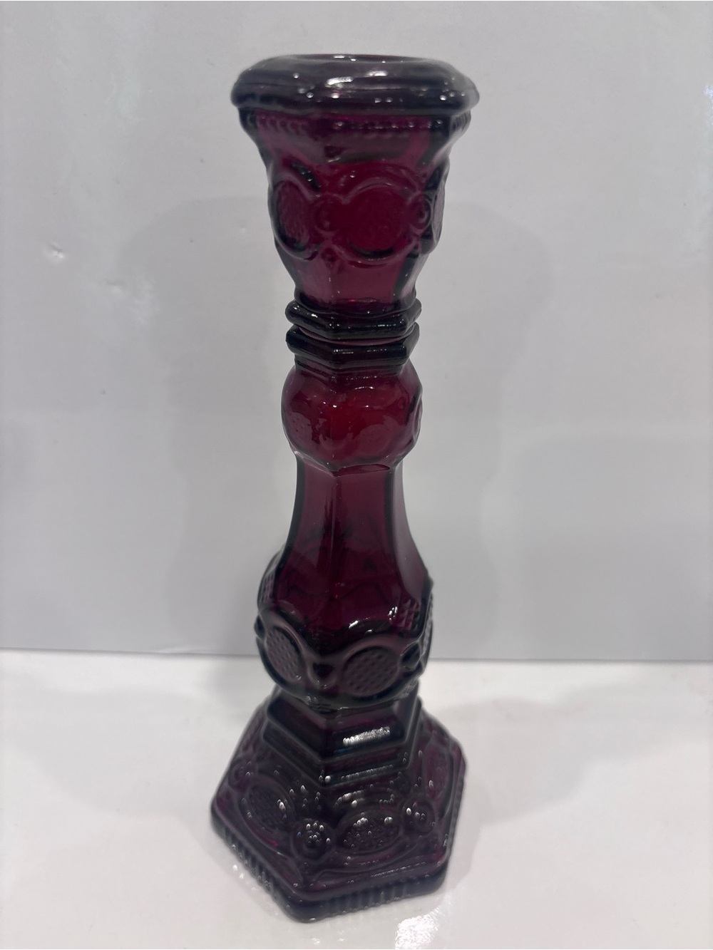 Vintage Avon cape cod ruby red glass cologne bottle 8.5” hexagonal base